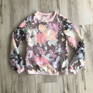 Ted Baker 2% Linen Blend Floral Sheer Long Sleeve Top Crewneck Sweater